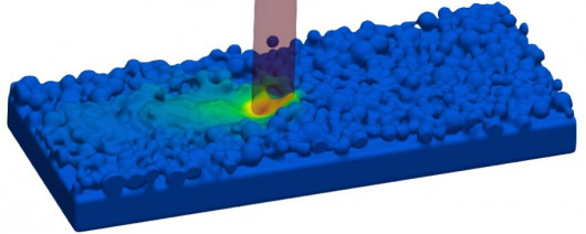 Simulation des LPBF-Prozesses mit farbkodiertem Temperaturfeld. / © Fraunhofer IWM