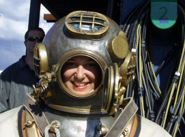 Whitney wearing an MK5 vintage diving helmet