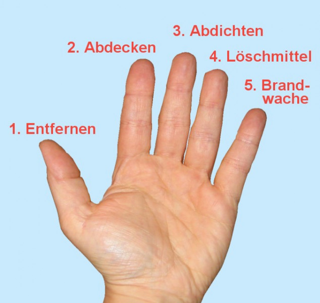 Abbildung einer Hand mit den fünf zugeordneten Brandschutzbereichen - © DVS Media GmbH
