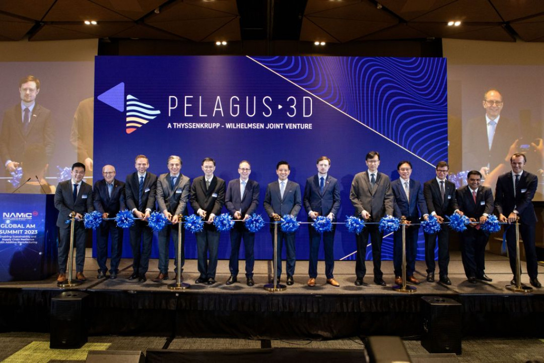 Caption for the picture of ribbon cutting ceremony (f.l.t.r.): 1. Kenlip Ong, Chief Executive Officer, Pelagus 3D 3. Dr. Sebastian Smerat, Head of Customer Innovation of thyssenkrupp Materials Services and Member of the Board of Directors, Pelagus 3D 4. Dr. Cetin Nazikkol, CEO Asia Pacific Africa and Chief Transformation Officer of thyssenkrupp and Member of the Board of Directors, Pelagus 3D 6. H.E. Dr. Norbert Riedel, Ambassador, German Embassy Singapore 7. Alvin Tan, Minister of State, Ministry of Trade and Industry 11. Kjell Andre Engen, Chief Executive Officer & President, Wilhelmsen Ships Service and Member of the Board of Directors, Pelagus 3D 12. Nakul Malhotra, Vice President, Emerging Opportunities Portfolio, Wilhelmsen Maritime Services and Member of the Board of Directors, Pelagus 3D 13. Hakon Ellekjaer, Chief Commercial Officer, Pelagus 3D - © PelagusA