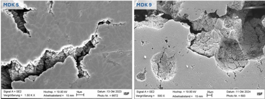 Figure 3: SEM images of the volume defects detected in the center of the welding nuggets, using the example of MDK 5 (left, solidification porosity) and MDK 9 (right, mixed type of solidification and gas porosity) - (© RWTH Aachen University, ISF