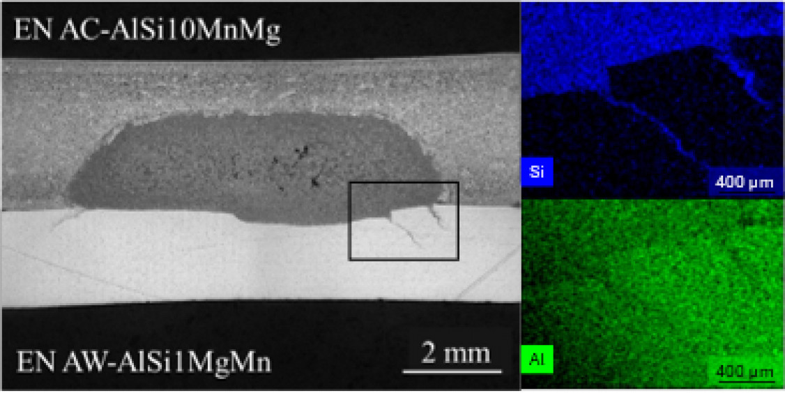 Figure 4: Cross section and result of EDX mapping in the area of the cracks for the elements silicon (blue) and aluminum (green), false color representation - © RWTH Aachen University, ISF
