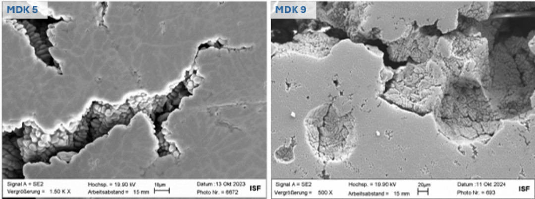 SEM images of the volume defects detected in the center of the welding nuggets, using the example of MDK 5 (left, solidification porosity) and MDK 9 (right, mixed type of solidification and gas porosity) - © RWTH Aachen University, ISF)