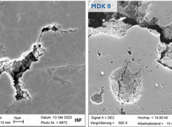 SEM images of the volume defects detected in the center of the welding nuggets, using the example of MDK 5 (left, solidification porosity) and MDK 9 (right, mixed type of solidification and gas porosity)