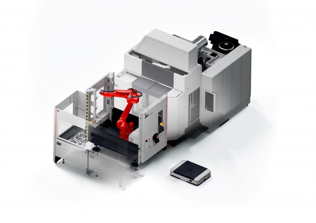 The S-cell mobile platform has a permanently installed industrial robot and moves autonomously as an AMR between the test stations throughout the production facility. - © Schwäbische Werkzeugmaschinen GmbH