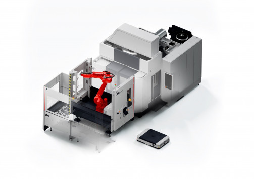 The S-cell mobile platform has a permanently installed industrial robot and moves autonomously as an AMR between the test stations throughout the production facility. / © Schwäbische Werkzeugmaschinen GmbH