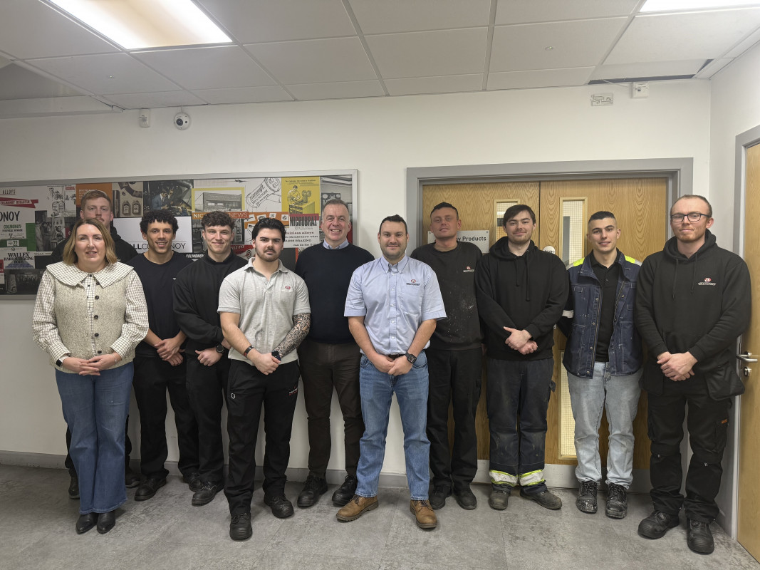 Some of the 37 employees supported through Wall Colmonoy Ltd’s apprenticeship and higher education programmes, pictured with Managing Director Rob Davies. - © Wall Colmonoy