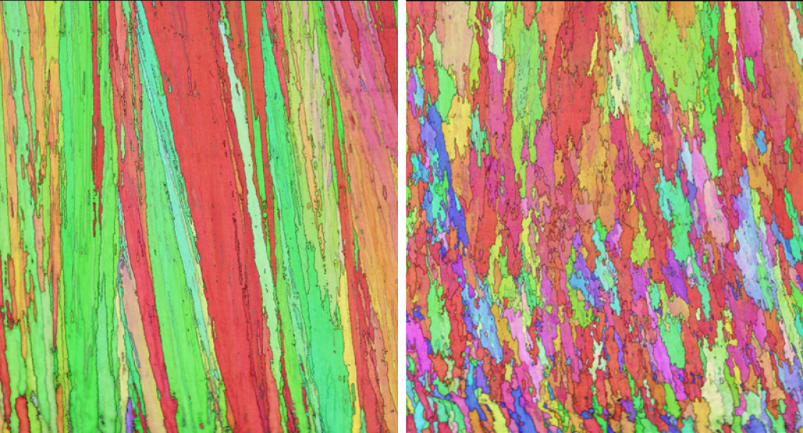 Das internationale Forschungsprojekt zeigte, dass sich Gefüge- und Kornstrukturen während des laserbasierten Auftragschweißens gezielt und lokal einstellen lassen: Die Orientierungskarten der Elektronenrückstreubeugung (EBSD) zeigen die Unterschiede ohne (l.) und mit (r.) pulslaser-induzierte Schmelzbadanregung. - © Fraunhofer IWS