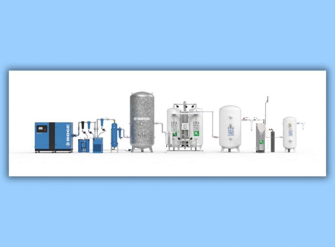 Integrated in the LaserPack, the combination of a PN series nitrogen generator and the H₂CAT hydrogen catalytic converter provides high-purity nitrogen using ambient air. - © BOGE Compressed Air & Gas Solutions