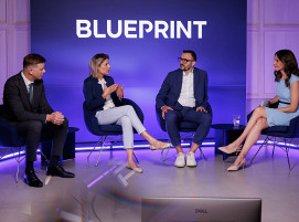 Blueprint Talk mit (v.l.n.r.) Christoph Spranger, Yvonne Weitsch, Matteo Berioli und Moderatorin Sarah Yvonne Elsser