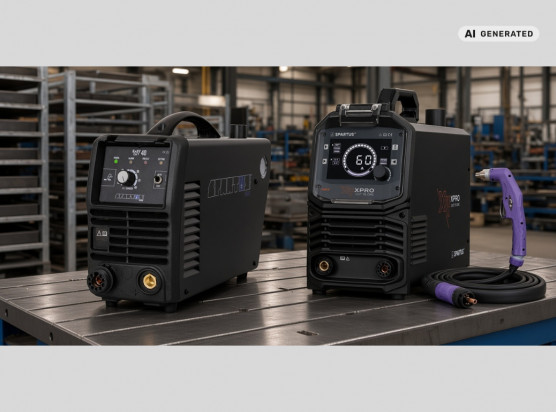 SPARTUS EasyCUT 40 und SPARTUS XPro CUT 70CNC auf einer Stahlwerkbank in einer Metallwerkstatt mit Blechregalen.