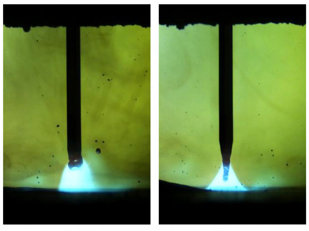 Bild 2: Spritzerbildung während einer Prozessstörung; links: Ar mit 18% CO₂, rechts: Ar mit 6% CO₂ und 1% O₂. - © Messer Group