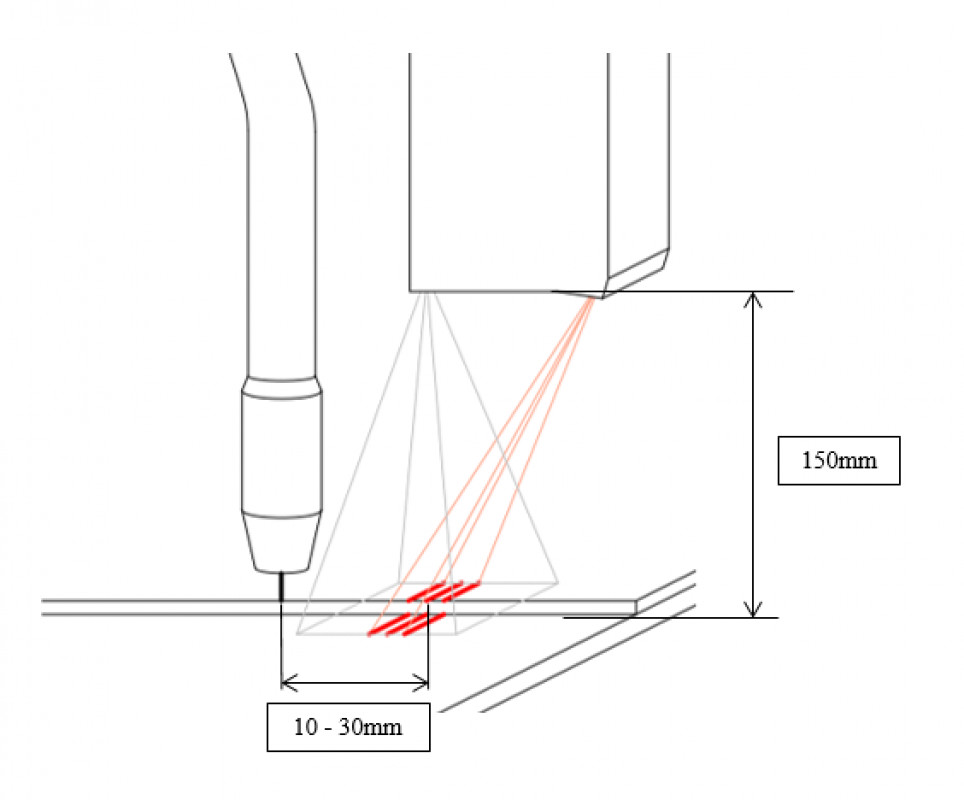 Das Schema zeigt den Abstand zwischen Bauteiloberfläche und Nahtsensor sowie zwischen Sensor und Werkzeug. - © Alexander Binzel Schweisstechnik GmbH & Co. KG