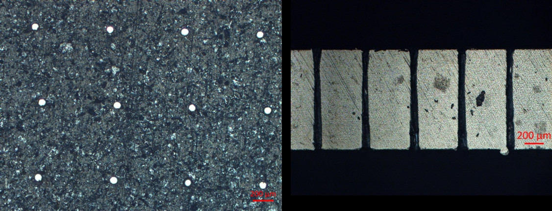 Ansicht der Mikrobohrungen mit Durchlicht (links) und Längsschnitt der Bohrungen (rechts). - © Fraunhofer ILT, Aachen