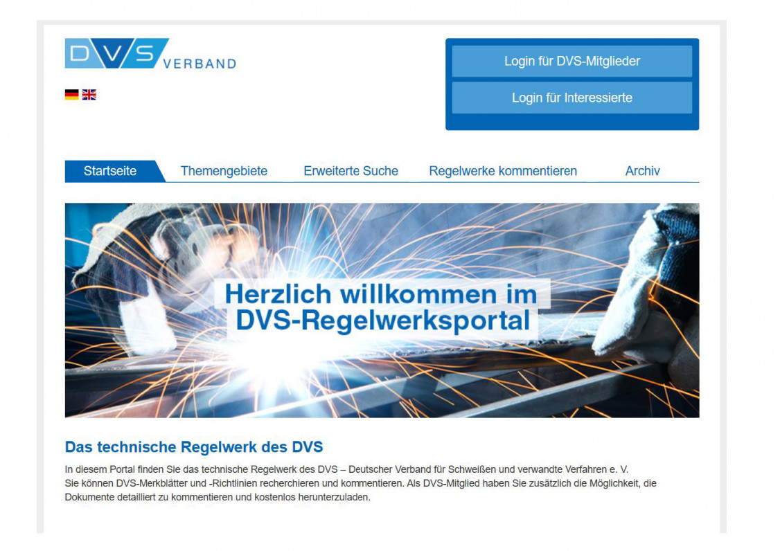 Die Willkommensseite des DVS-Regelwerkportals. Mitglieder des DVS-Verbandes können sich die Dokumente darin kostenlos herunterladen. - © DVS Media GmbH